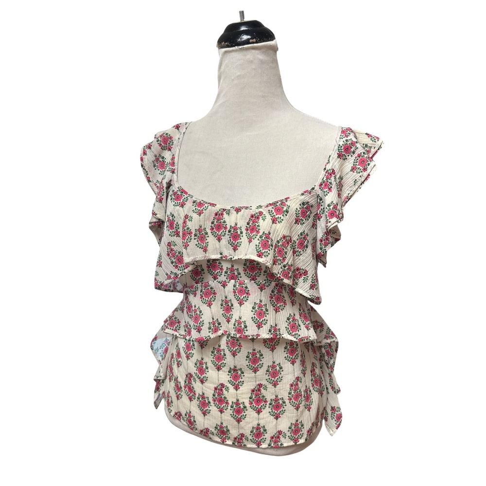 Club Monaco Womens Floral Ruffle Tiered Open Back Tie Blouse Cream Pink Small